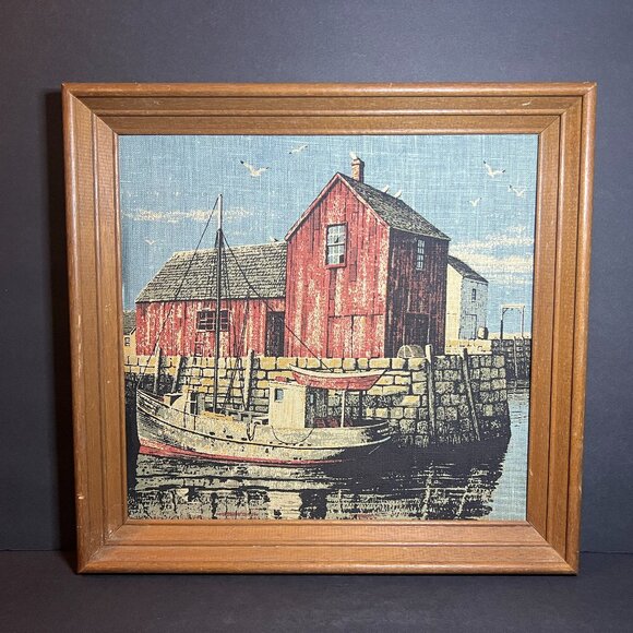 Vintage Nautical Wooden Framed Dockside Fishing Boat Cove Linen Wall Art Print - Picture 1 of 6